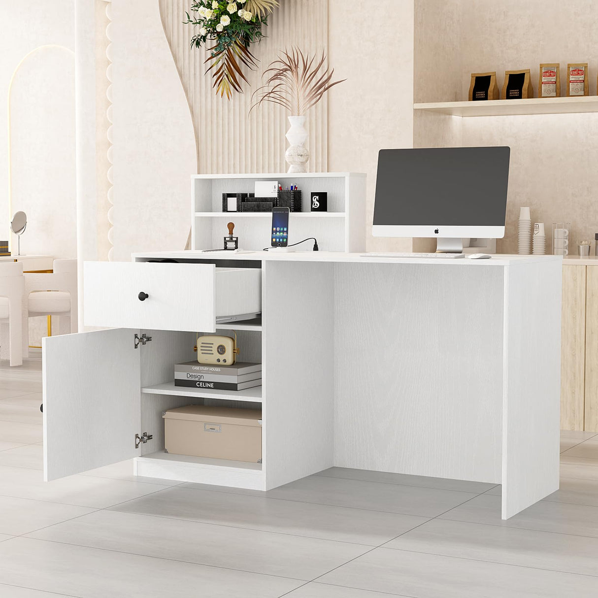 TUSY Small Reception Desk with Counter, 39.4" H Front Desk with Storage Drawers, Reception Counter with LED Lighting, Checkout Counter for Salon, Lobby – White (47.2" W x 18.9" D x 39.4" H) TUSY