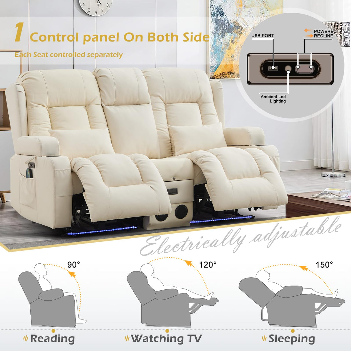 SENIFIS Loveseat Recliner Sofa, Leather Sofa with Massage & Heating, Home Theater Seating Power Reclining Loveseat with Outlet/LED Light/Cup Holders/Speaker/USB (Beige, Loveseat with Console) SENIFIS