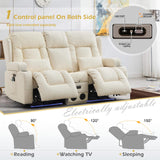 SENIFIS Loveseat Recliner Sofa, Leather Sofa with Massage & Heating, Home Theater Seating Power Reclining Loveseat with Outlet/LED Light/Cup Holders/Speaker/USB (Beige, Loveseat with Console) SENIFIS