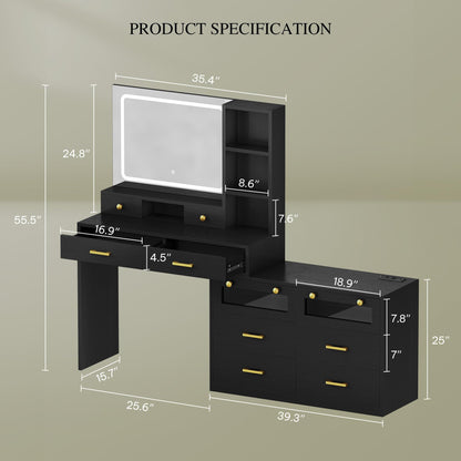 DWVO Large Vanity Desk with Mirror - RGB LED and Charging Station, Make up Vanity Mirror with 3 Lights Mode and Brightness Adjusted, Large Storage Space-10 Drawers, 3 Open Shelves, Dark Black