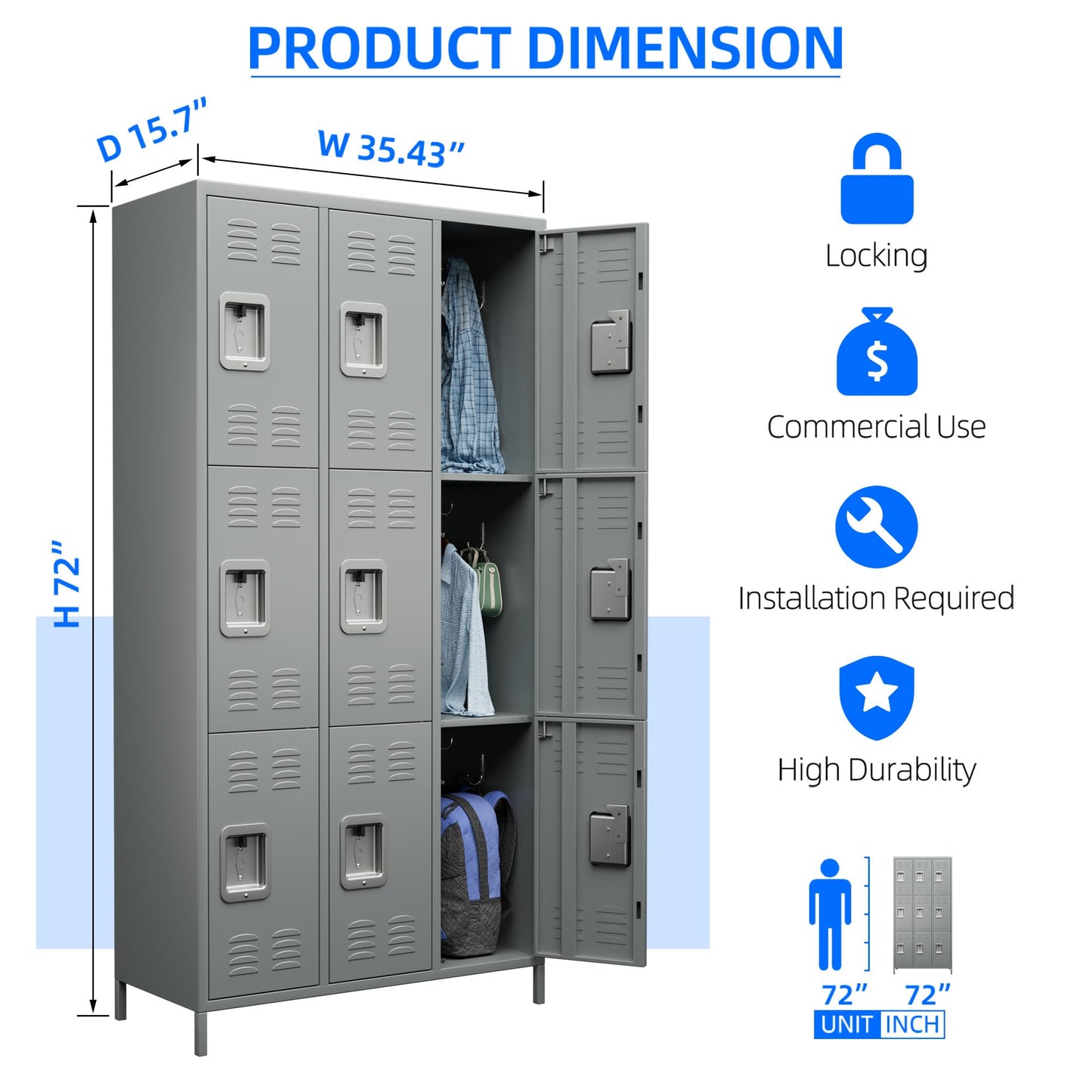 SUPEER Metal Lockers for Employees with Lock,Steel Storage Locker Cabinet with 18 Hooks&9 Doors,Locker Storage Cabinet for School Office Gym Bedroom,Assembly Required (9 Door-Light Grey) - WoodArtSupply