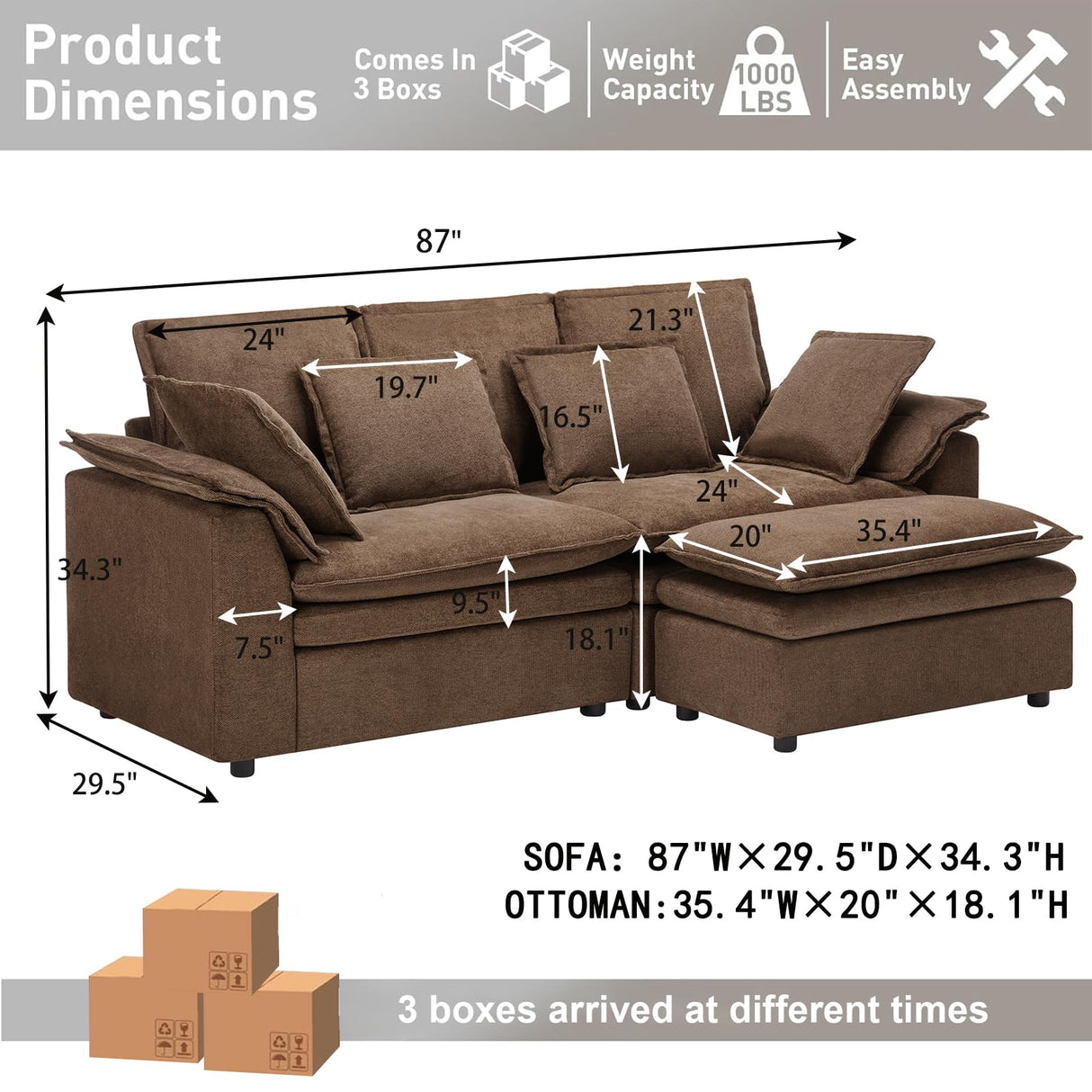 FEISHOMINOO 87" L Shaped Sectional Sofa Modular Deep Seat Sofa Couch with Ottoman, Chenille Sofa Sleeper Comfy Upholstered Furniture for Living Room, Apartment, Studio, Office (Espresso, L-Shaped) FEISHOMINOO