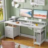 Furologee 61'' Computer Desk with Fabric File Cabinet & Drawer, Reversible White Storage Shelf, Office Long Monitor Stand, Writting Workstation, for Home/Office/Bedroom, 61in NO Outlets Furologee