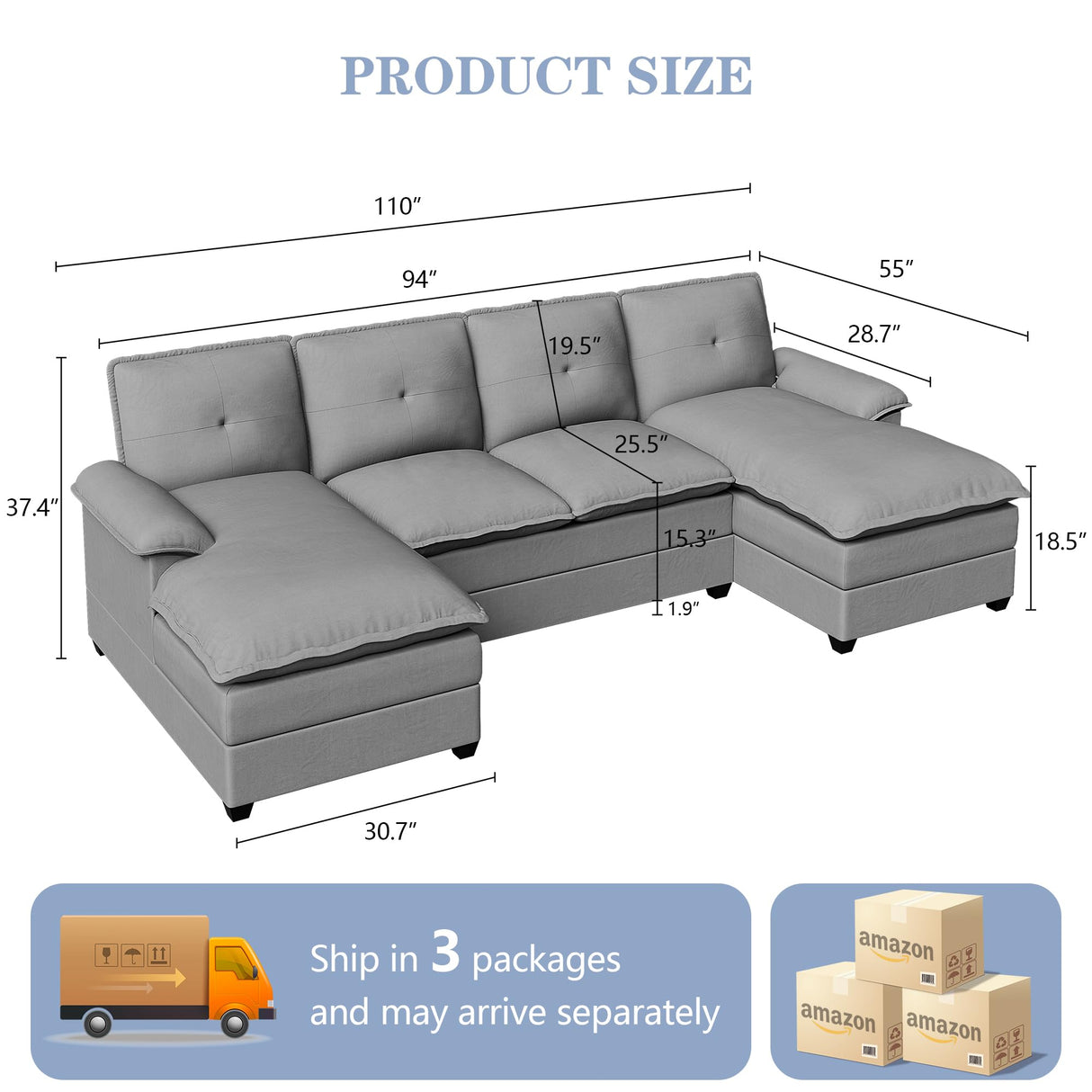 U Shaped Sectional Couch for Living Room,110" 4-Seater Comfy Couch with Double Chaise,Deep Seat Modular Sofa Couches with Thick Cushion & Soft Backrest,Light Grey Shintenchi