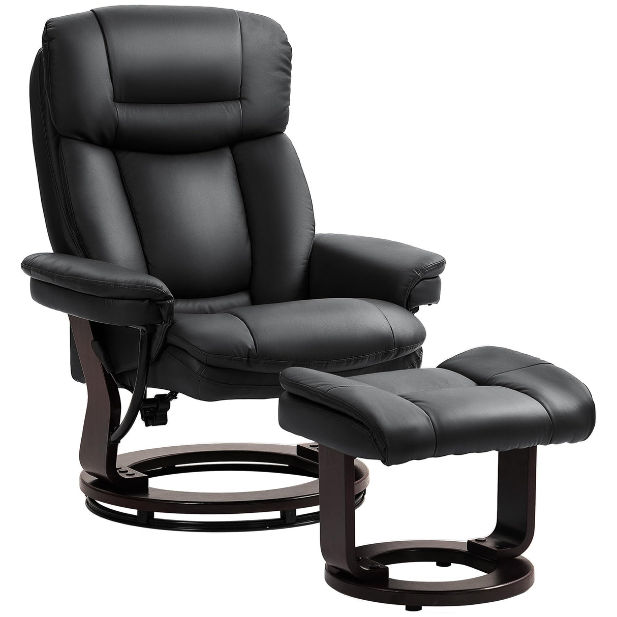 HOMCOM Swivel Recliner Chair with Ottoman, PU Leather Recliner with Adjustable Backrest, Footrest, Wood Base, Upholstered Reclining Chair for Living Room, Bedroom, Office, Black HOMCOM
