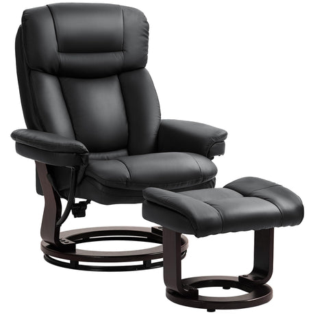 HOMCOM Swivel Recliner Chair with Ottoman, PU Leather Recliner with Adjustable Backrest, Footrest, Wood Base, Upholstered Reclining Chair for Living Room, Bedroom, Office, Black HOMCOM