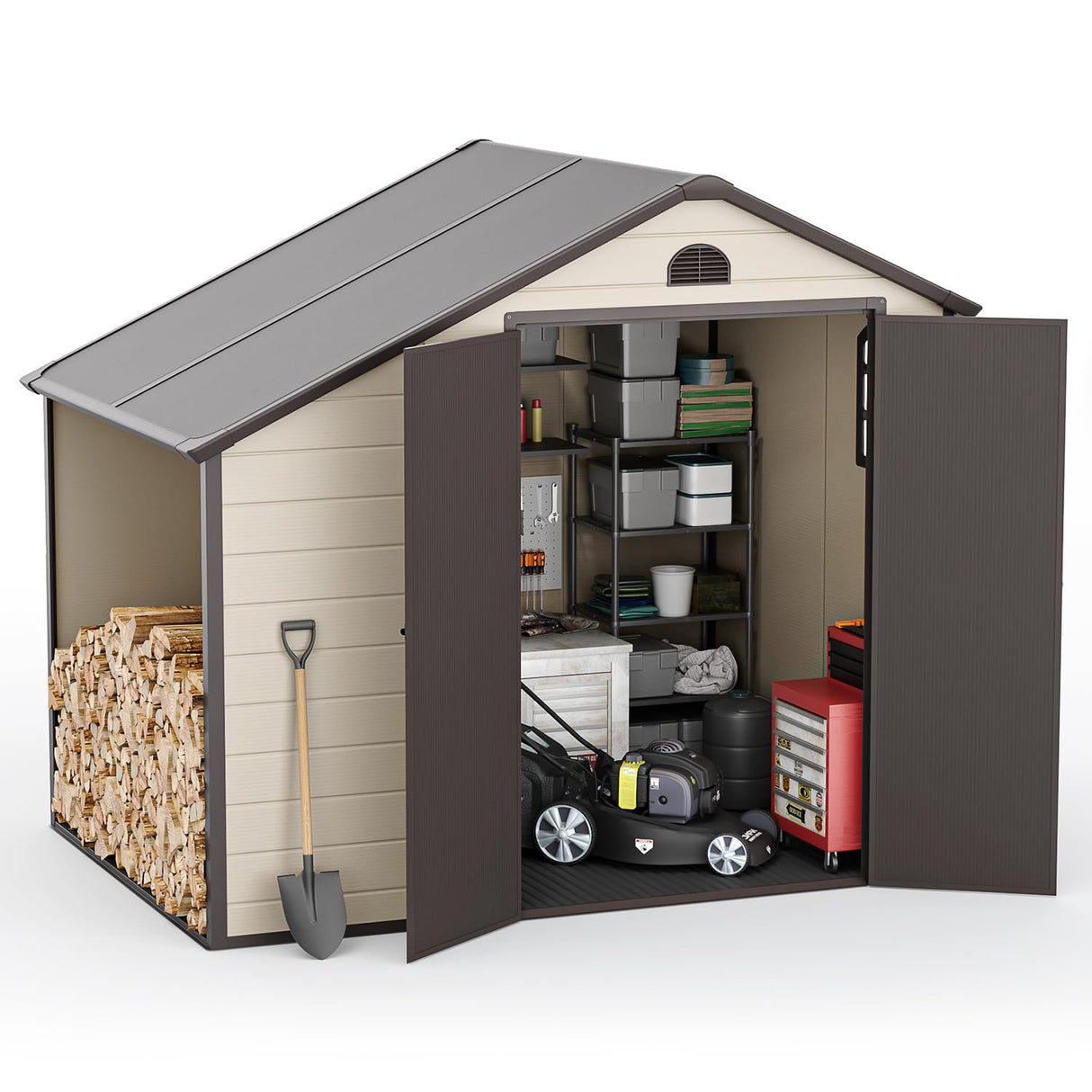 BIGoods 8.5 ft. W x 6.3 ft. D Resin Outdoor Patio Storage Shed with Firewood Rack, Floor and Lockable Door BIGoods