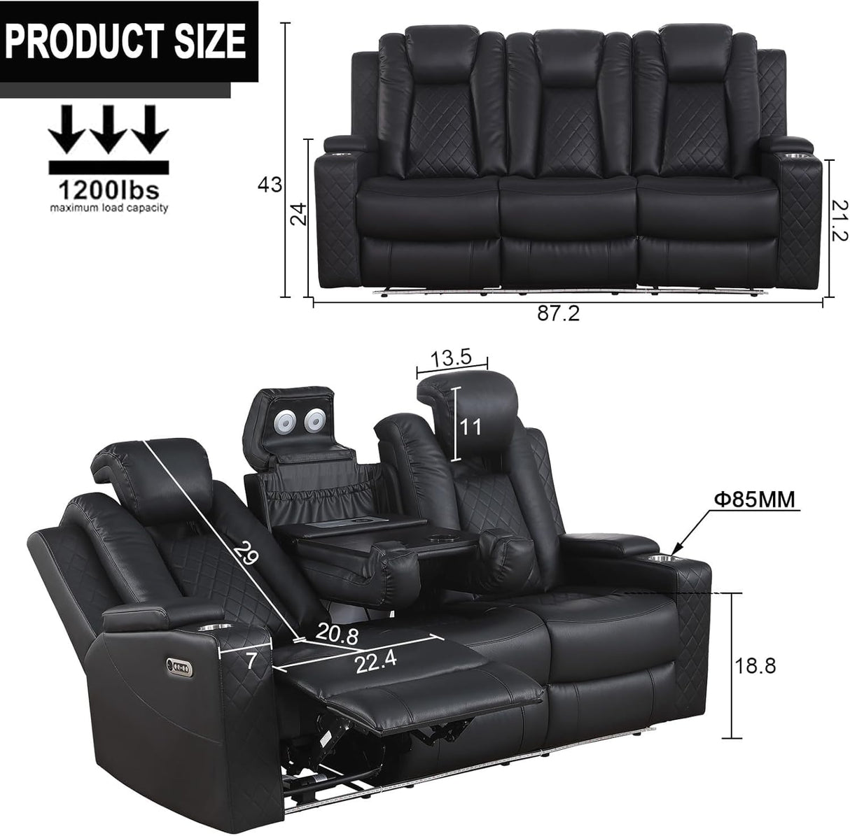 Power Recliner Sofa 3 Seat, Black Leather Reclining Loveseat with Console RV Furniture with Adjustable Headrest/Led Light/Storage/Reading Lamp/Cup Holder/USB&Wireless Charging poplarbox