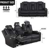 Power Recliner Sofa 3 Seat, Black Leather Reclining Loveseat with Console RV Furniture with Adjustable Headrest/Led Light/Storage/Reading Lamp/Cup Holder/USB&Wireless Charging poplarbox