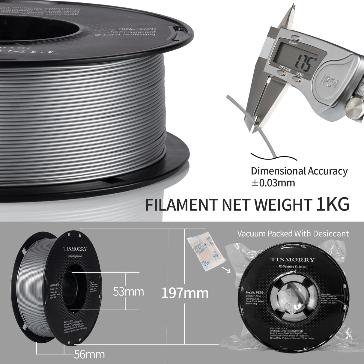 Metallic PETG Filament 1.75mm, TINMORRY Rapid PETG 3D Printing Filament, PETG with a Rapid Flow Rate, Compatible with Bambu Lab FDM 3D Printer, 1KG, Chrome/Metal Silver TINMORRY