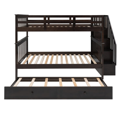 MERITLINE Wooden Bunk Bed Frame, Full Over Full Bunk Bed with Trundle, Bunk Beds with Stairs Full Size, Trundle Bunk Beds, Convertible Bunk Bed for Kids(Espresso)