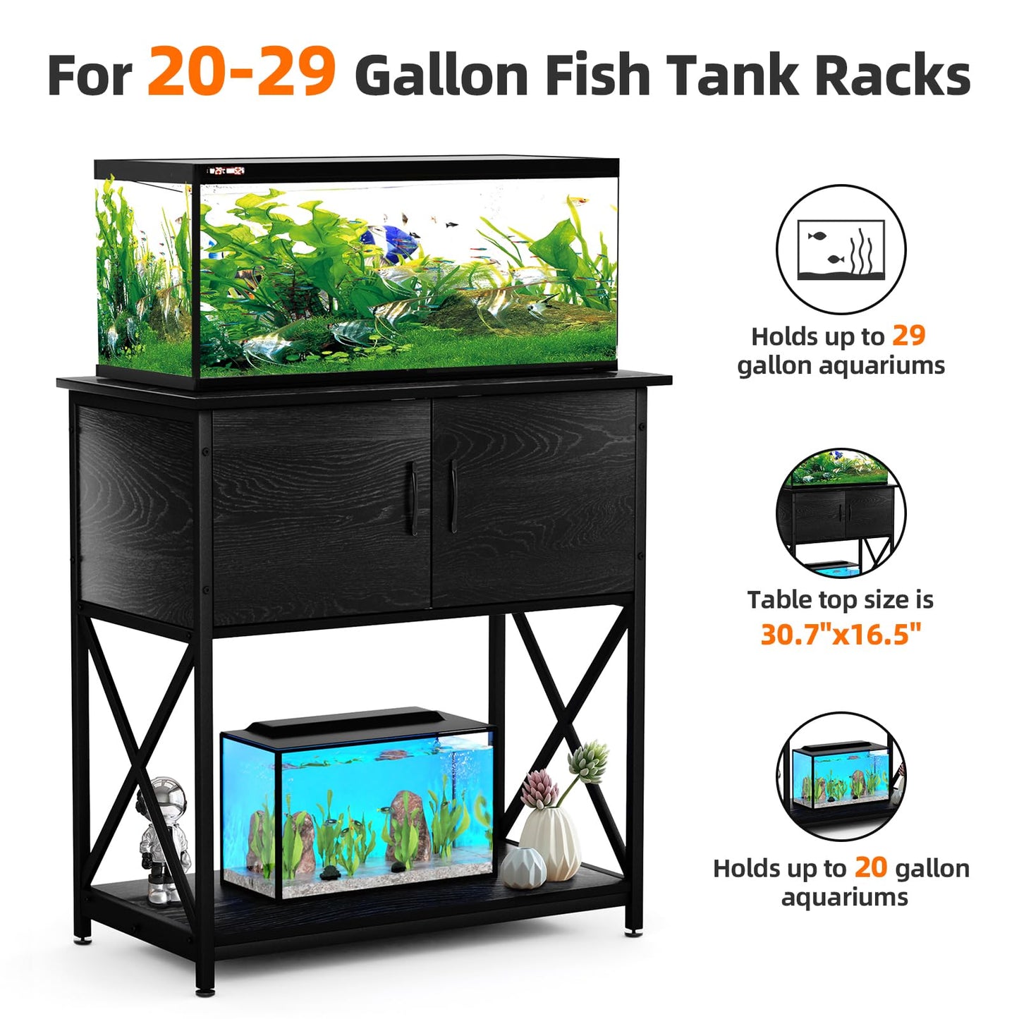 20-29 Gallon Aquarium Stand, Metal Stand Fish Tank Rack with Accessories Storage Cabinet for Aquarium Reptile/Turtle/Fish Terrariums Table 16.5 x 30.7 x 31.8 Inches 330 LBS (Black)