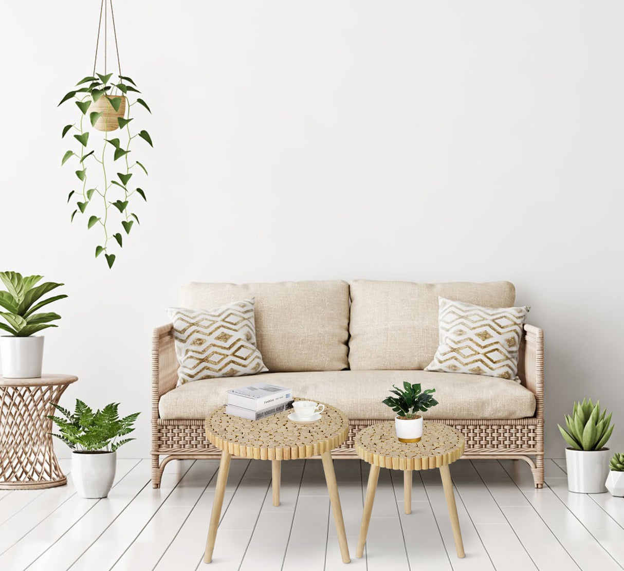 Round Coffee Table Set of 2, Farmhouse Nesting Coffee Table, Small Circle Wood Coffee Table, Mid Century Modern Nightstand, Boho Patio Side Table End Tables for Living Room Bedroom Balcony Outdoor ZYBT