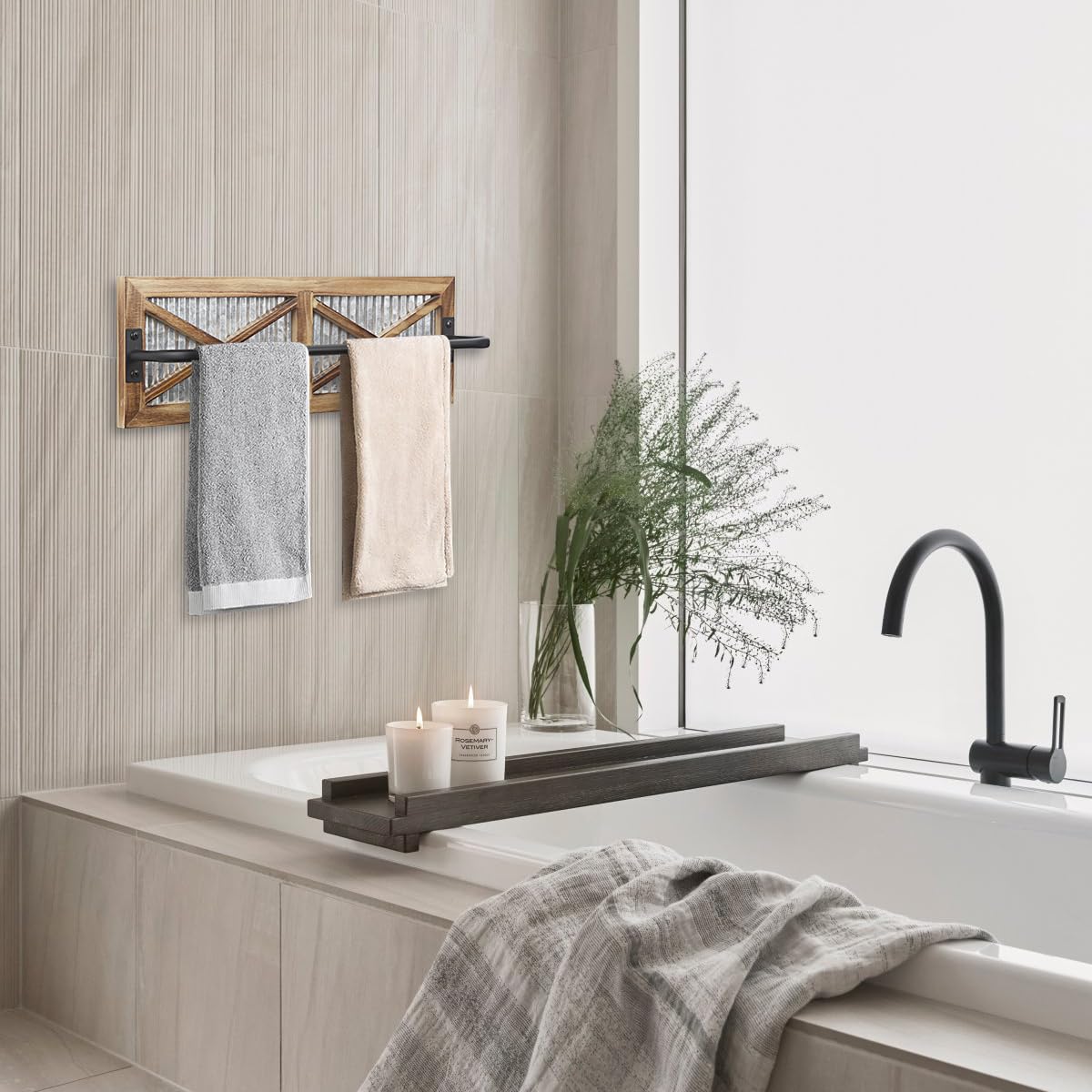 Rustic Bathroom Towel Rack, Butizone Wall Mounted Towel Bar Holder with Weathered Wood and Corrugated Galvanized Metal, Farmhouse Rack for Hanging Towel (Towels are not Included)