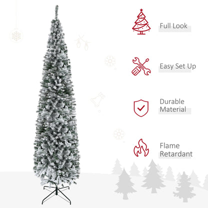 HOMCOM 9' Tall Unlit Snow-Flocked Slim Artificial Christmas Tree with Realistic Branches and 1014 Tips