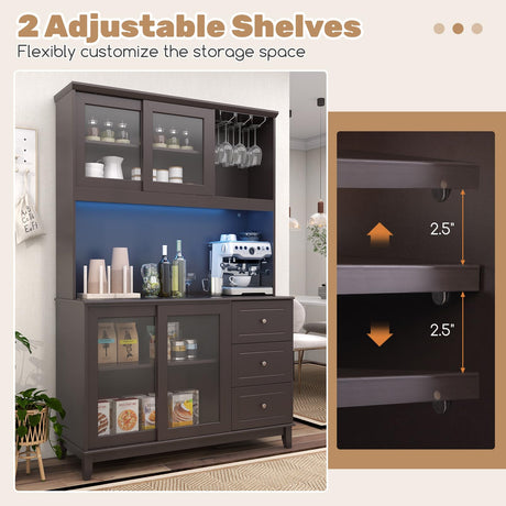 Giantex 73" Kitchen Pantry Storage Cabinet, Hutch Cabinet with LED Lights & Power Outlet, Kitchen Buffet Cabinet w/Wine Glass Racks, Countertop, Adjustable Shelves, Drawers for Dining Room (Espresso) Giantex