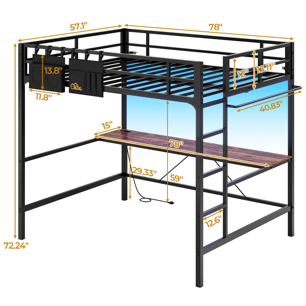 DICTAC Loft Bed Full Size with Desk and Led Lights Full Metal Loft Bed with Charging Station Full Size Metal Bed Frame with Safety Guard & Ladder, Space-Saving,No Noise,No Box Spring Needed, Black DICTAC