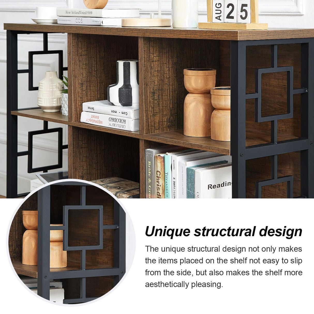 HOMISSUE 6 Cube Storage Organizer Shelf, Rustic Short Bookshelf with 3 Cubby Bin, Industrial Horizontal Bookshelves with Metal Frame, Low and Wide Bookcase for Living Room and Office, Brown HOMISSUE