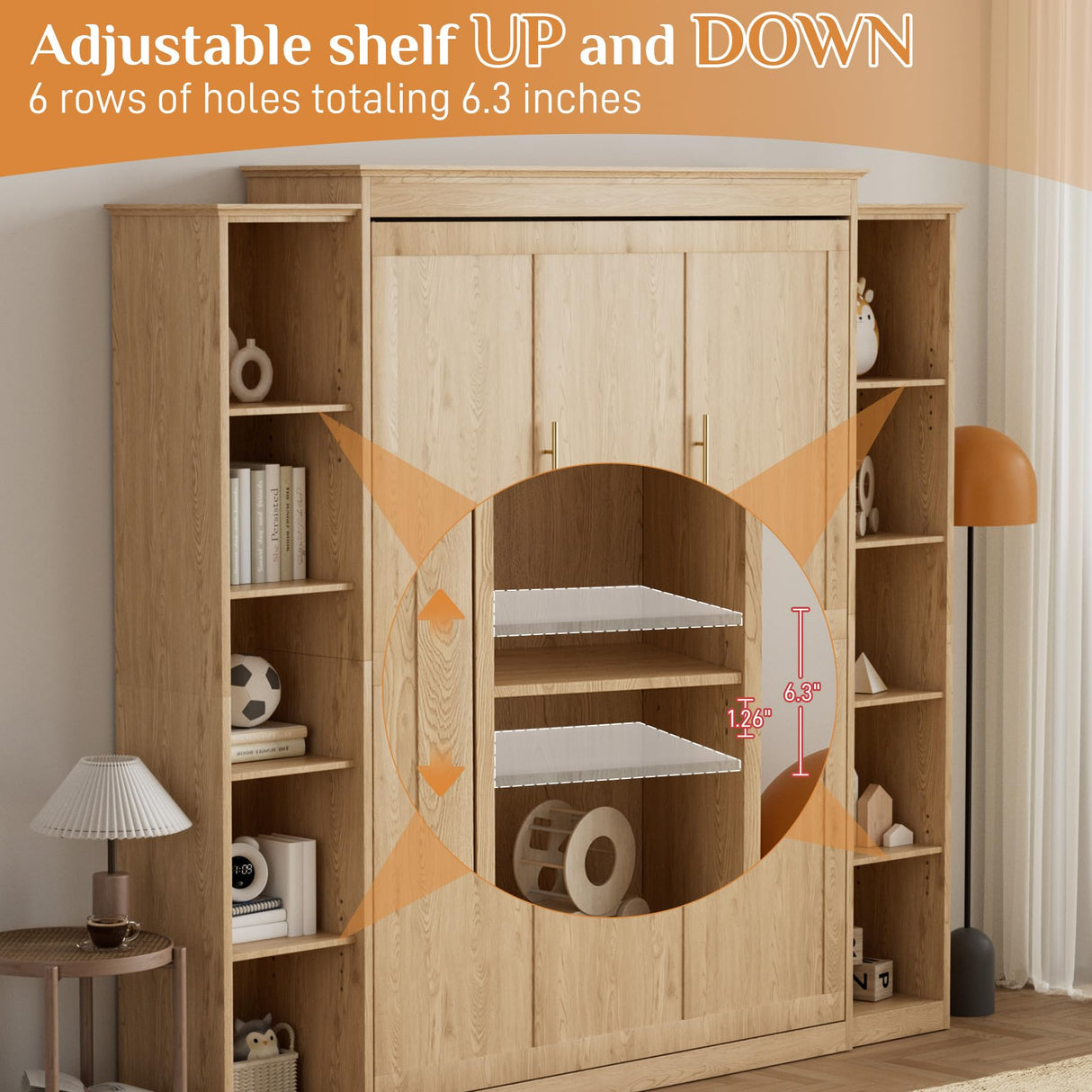 Queen Murphy Bed with Storage Bookcase & 4 Adjustable Shelves,Foldable Space-Saving Queen Wood Wall Bedframe with Metal Legs,Hidden Bedframe for Guest Room,Study,Home,Office,Bedroom,Natural Wood Color BEQAI