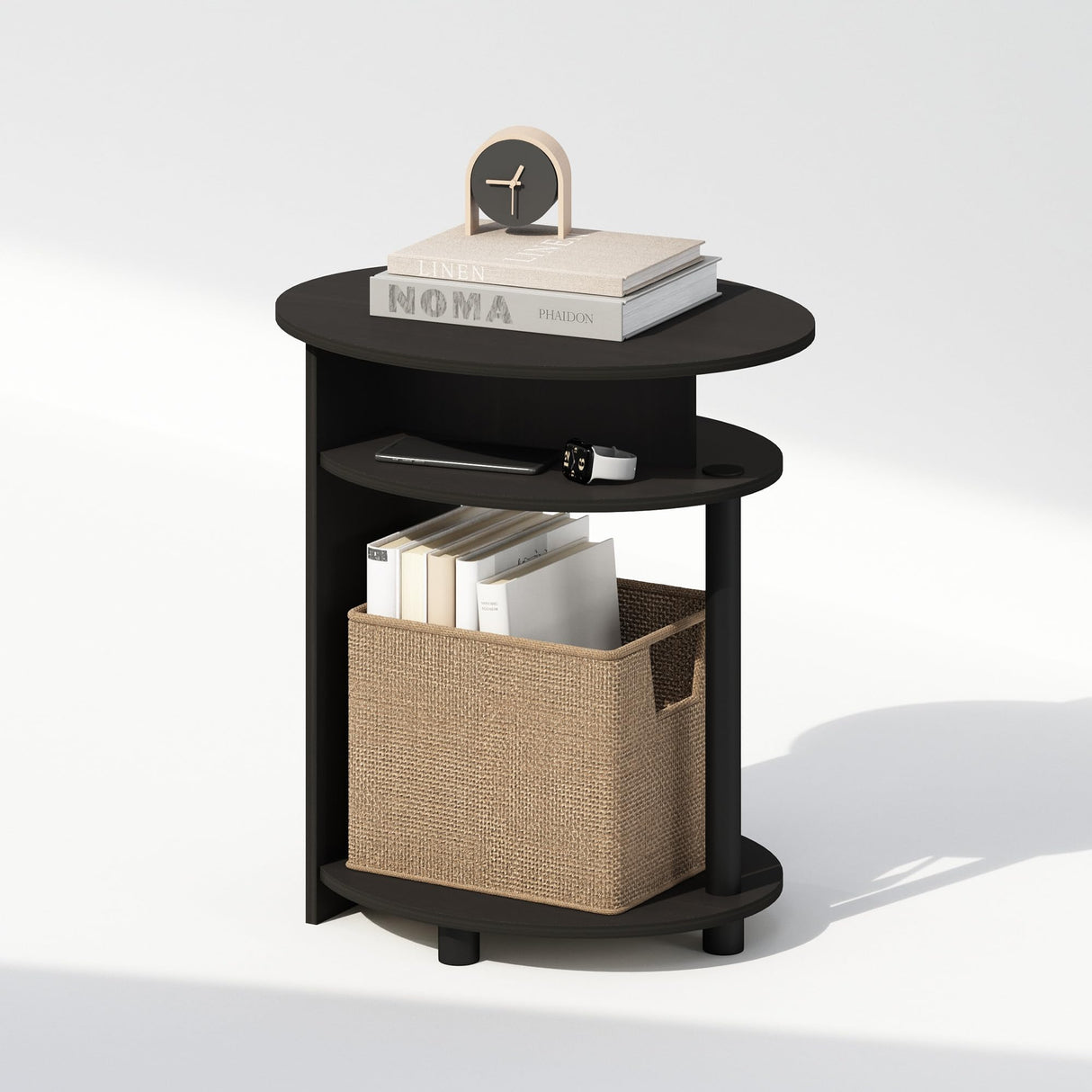 Furinno TIDUR Night Stand, 3-Tier Oval Nightstand with Round Edge Tabletop, Open Shelf Bedside Table, End Table, Side Table, for Bedroom, Living Room, Walnut Furinno