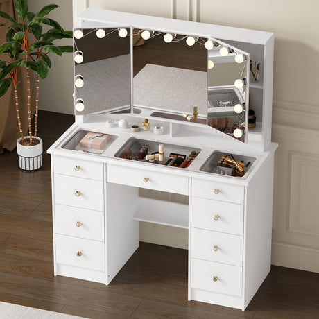 ROMSHINE Large Vanity Desk with Trifold Mirrors & Hollywood Bulbs, 43.3" W Glass Top Makeup Vanity with Lights in 3 Color Modes & Brightness Adjustable, Makeup Desk with 9 Drawers for Storage, White ROMSHINE