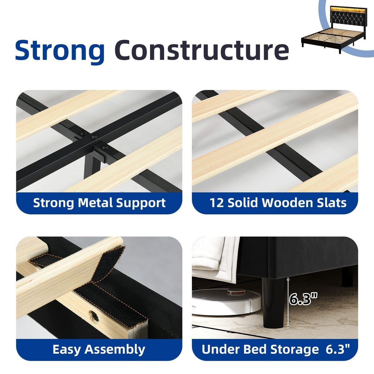 HOMBCK King Size Bed Frame with LED Lights and Storage Headboard, Velvet Upholstered Bed Frame King with Charging Station, Modern Diamond and Rivet Design, No Box Spring Needed, Easy Assembly, Black HOMBCK