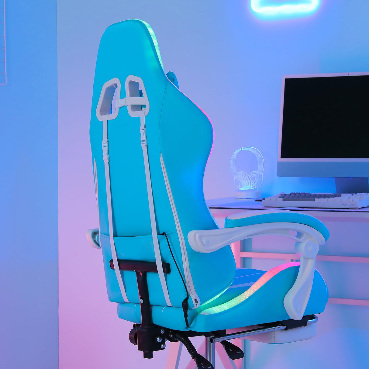 Gaming Chair with LED RGB Lights with Massage and Footrest Ergonomic Computer Chair High Back Video Game Chair with Adjustable Lumbar Support Linkage Armrest White and Blue HOFFREE