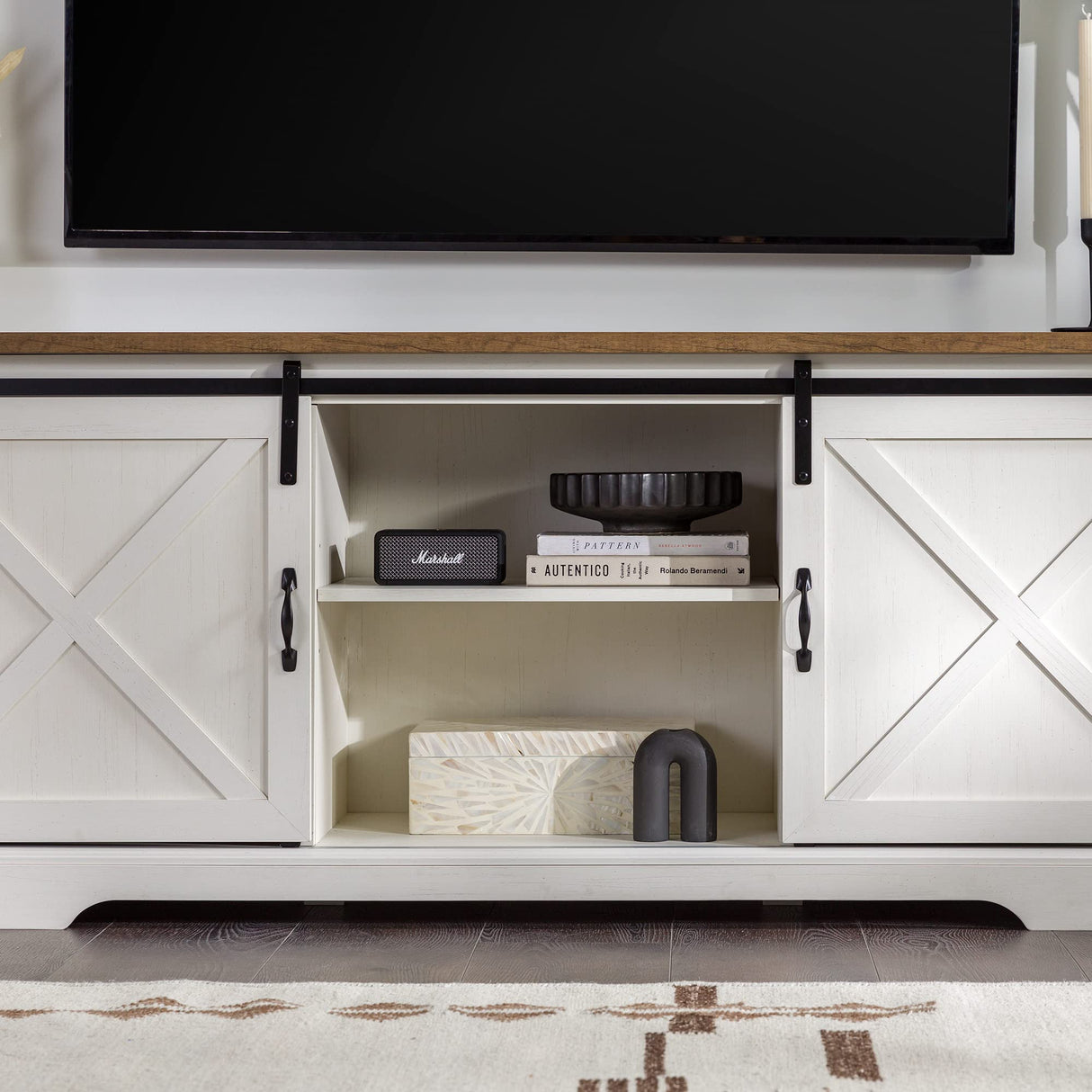 Walker Edison Corbin Modern Farmhouse Sliding X Barn Door TV Stand for TVs up to 80 Inches, 70 Inch, Reclaimed Barnwood and Brushed White Walker Edison