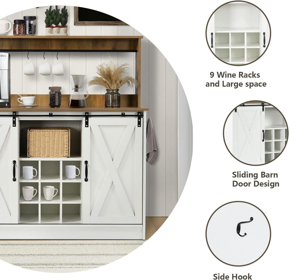 4ever2buy Farmhouse Coffee Bar Cabinet with Hutch, 47 Inch Buffet Cabinet with Storage, White Wine Bar with 9 Wine Racks and 6 Hooks, Coffee Bar Table with Adjustable Shelves for Living Dining Room 4ever2buy