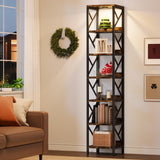 Condemo 78.7 Inch Extra Tall Narrow Bookshelf with LED Light, 7 Tier Skinny Bookcase for Small Space, Freestanding Display Corner Shelf, Modern Industrial Storage Organizer for Home Office, Brown Condemo