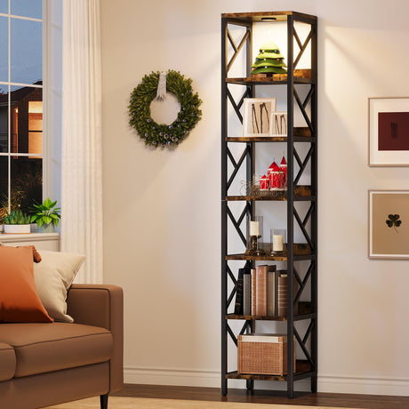 Condemo 78.7 Inch Extra Tall Narrow Bookshelf with LED Light, 7 Tier Skinny Bookcase for Small Space, Freestanding Display Corner Shelf, Modern Industrial Storage Organizer for Home Office, Brown Condemo