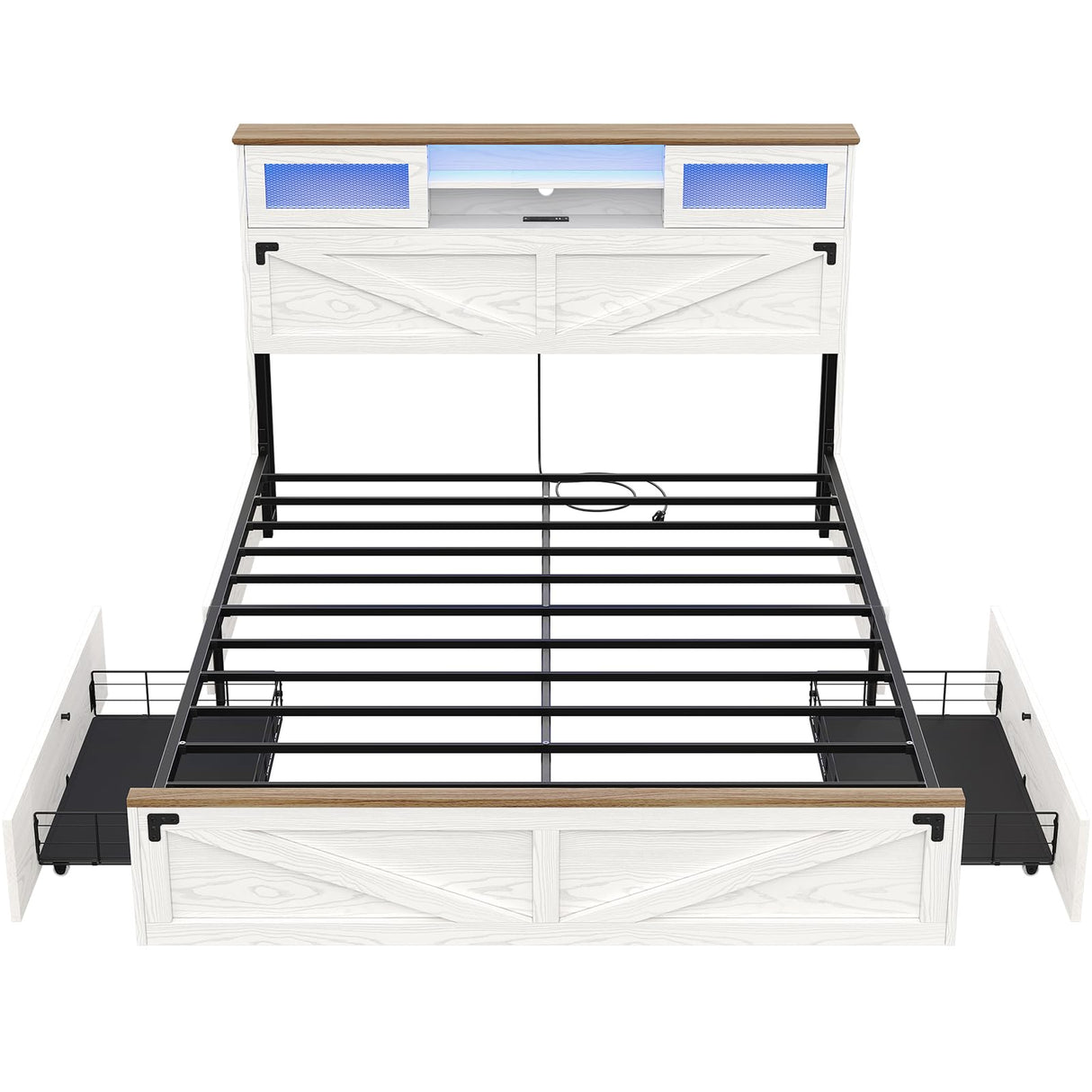 Hasuit Queen Size Farmhouse Bed Frame with Bookcase Headboard, LED Lights, Charging Station, and 2 Drawers in White Hasuit