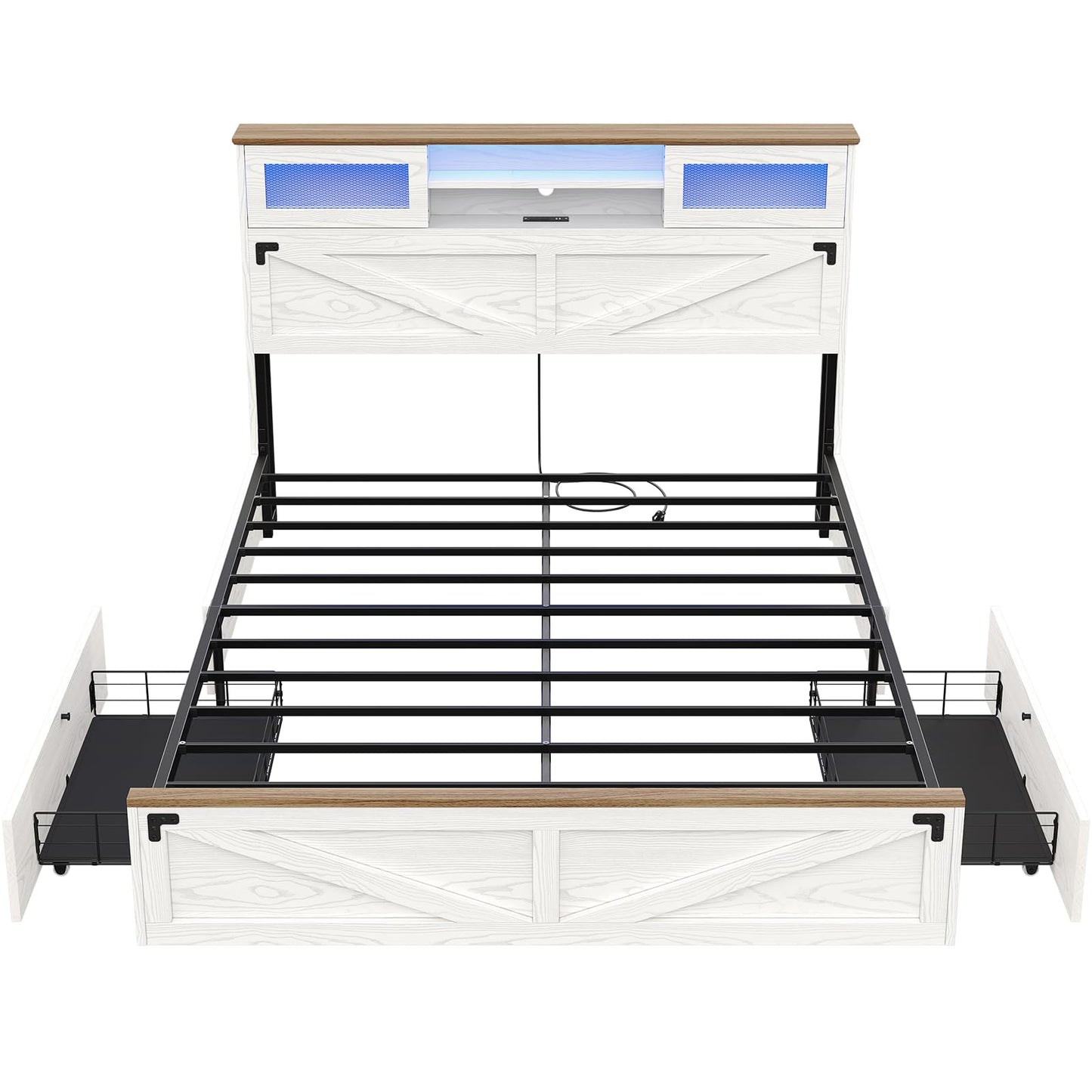 Hasuit Queen Size Farmhouse Bed Frame with Bookcase Headboard, LED Lights, Charging Station, and 2 Drawers in White - WoodArtSupply