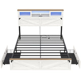 Hasuit Queen Size Farmhouse Bed Frame with Bookcase Headboard, LED Lights, Charging Station, and 2 Drawers in White Hasuit
