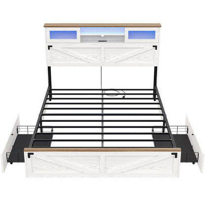 Hasuit Queen Size Farmhouse Bed Frame with Bookcase Headboard, LED Lights, Charging Station, and 2 Drawers in White - WoodArtSupply