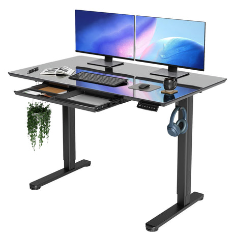 INNOVAR Glass Standing Desk with Drawers, 48×24 Inch Adjustable Stand Up Desk, Quick Install Home Office Computer Desk, Black INNOVAR