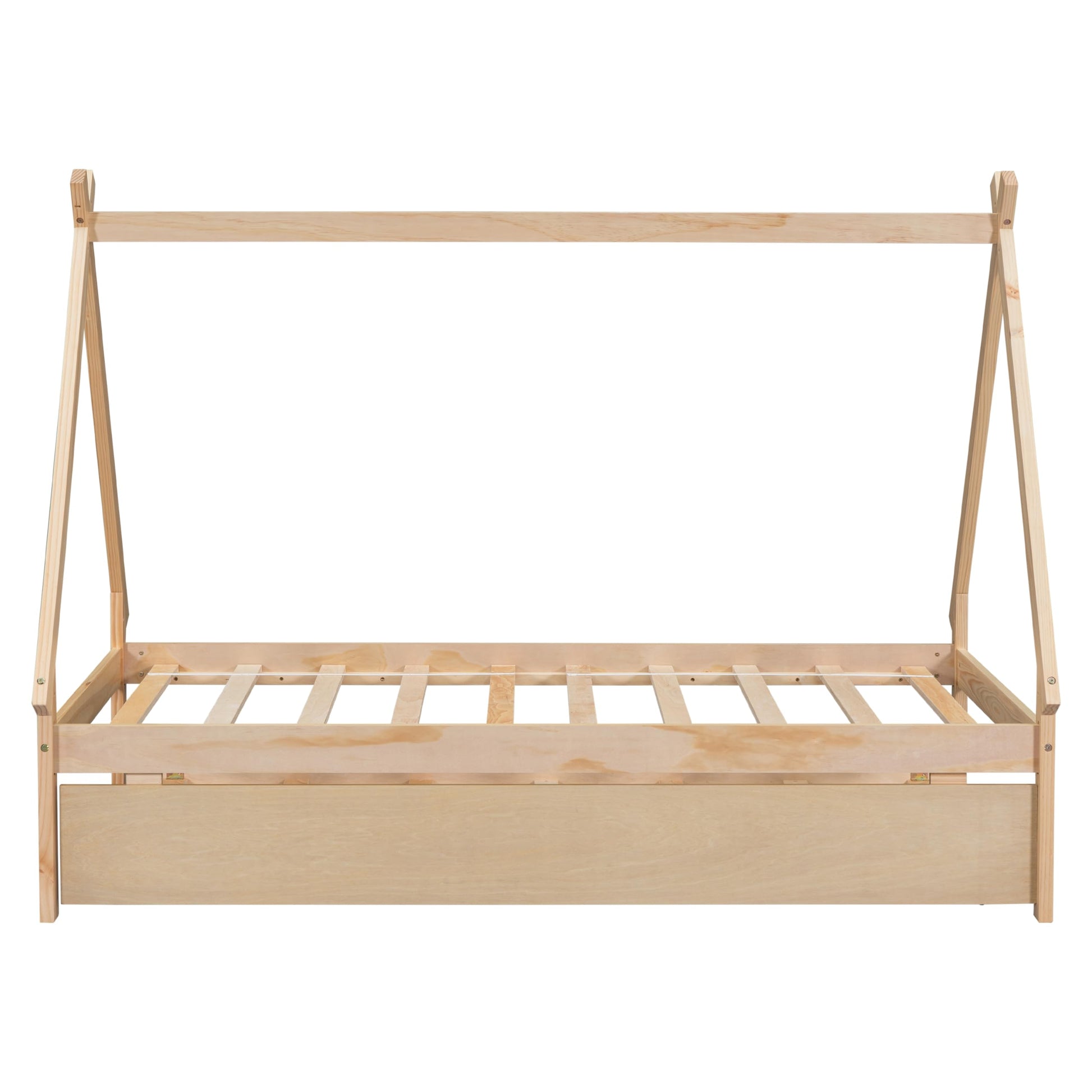 Harper & Bright Designs Twin Size Teepee Bed Frame with Trundle - Natural Wood Montessori Bed for Kids - WoodArtSupply