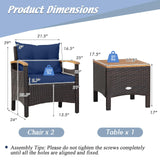 KOTEK 3 Piece Patio Furniture Set, Outdoor Conversation Set with Removable Cushions, Acacia Wood Tabletop and Armrests, PE Rattan Wicker Bistro Set for Porch, Balcony, Backyard (Navy Blue) KOTEK