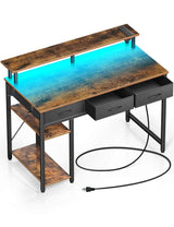Rolanstar Computer Desk with Power Outlets & LED Light, 39 inch Home Office Desk with 3 Drawers and Storage Shelves, Writing Desk with Monitor Stand, Work Desk for Home Office,Rustic Brown Rolanstar