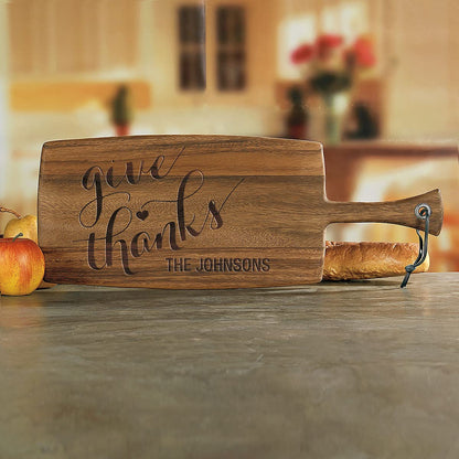 Give Thanks Personalized Acacia Wood Paddle Board - Custom Engraved 8 x 20.5-Inch Wood Chopping and Serving Boards With Leather Hanger, Wedding and - WoodArtSupply