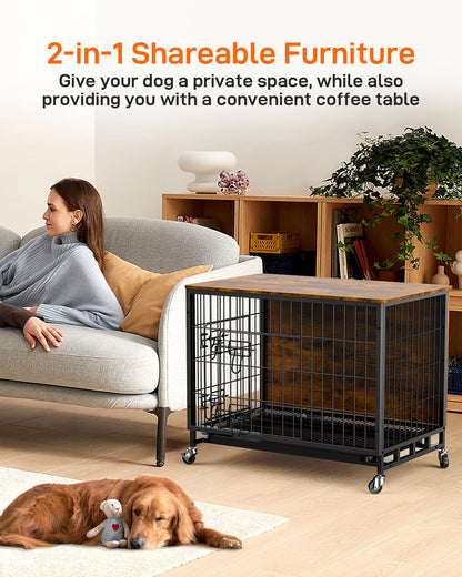 GAOMON 2024 New 32.5" Dog Crate Furniture, Heavy-Duty Wooden Dog Kennel with Removable Tray and Wheels, Double-Doors Dog Cage End Table, Indoor Dog House for Medium/Small Dogs, Rustic Brown - WoodArtSupply