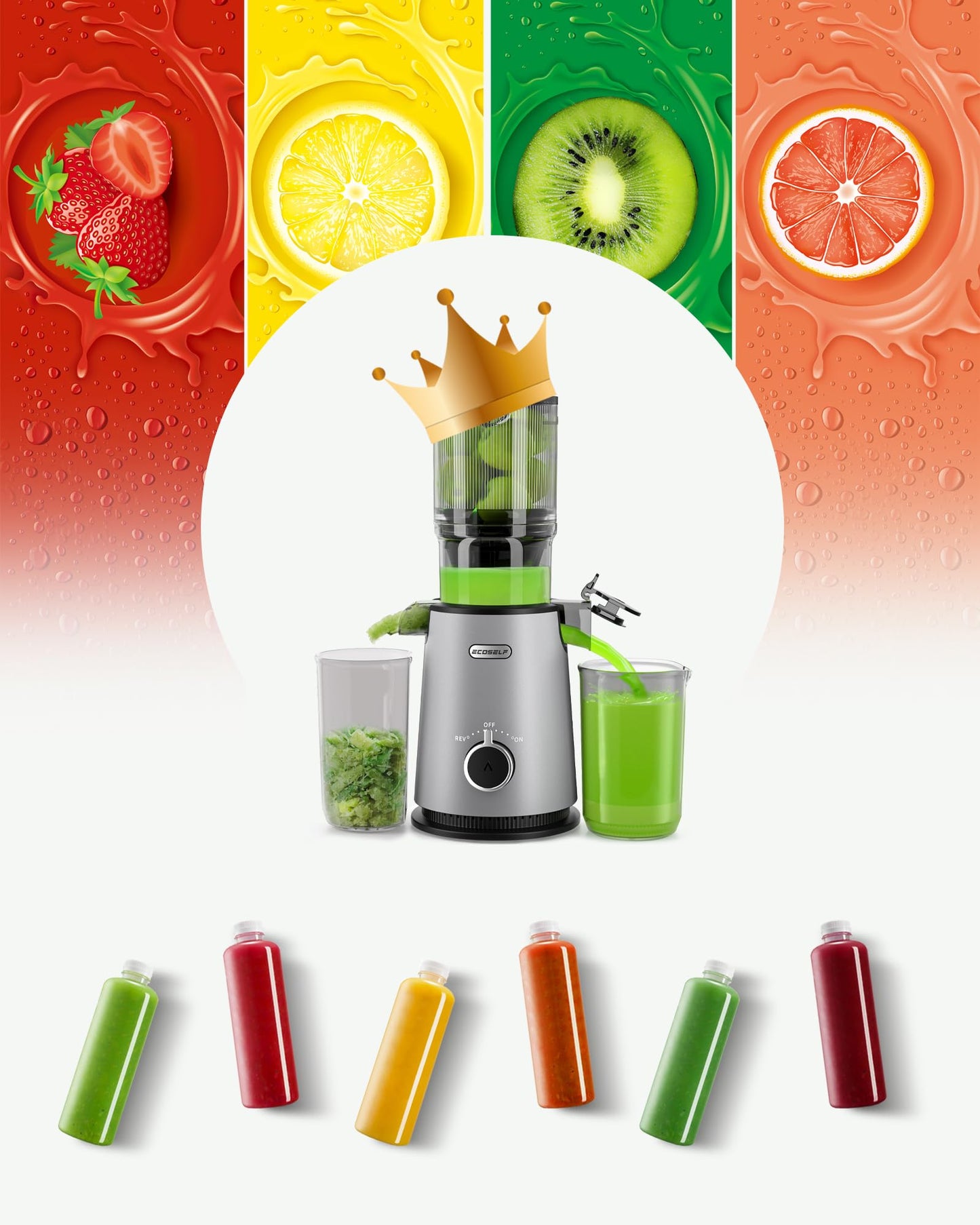 Cold Press Juicer, ECOSELF Slow Masticating Juicer with 4.35" Large Feed Chute Fit Whole Fruits & Vegetables, Self Feeding for Juice Extractor Machine, Easy to Clean and Assemble, High Juice Yield