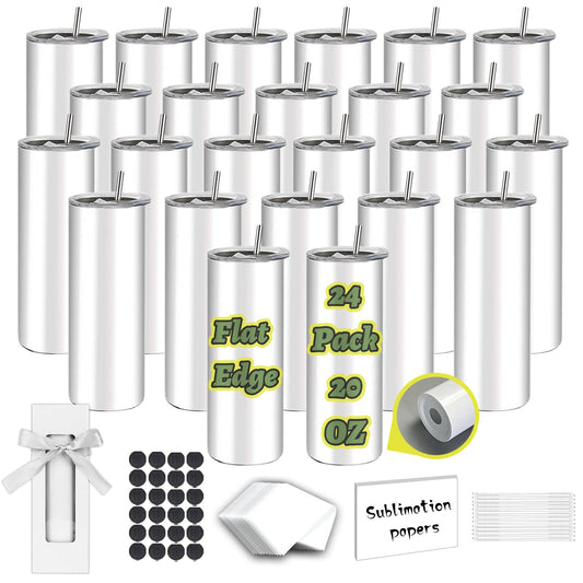 ZONEGRACE 12 Pack Flat Edge Sublimation Tumblers bulk 20 oz Skinny,Stainless Steel Double Wall Insulated Straight Sublimation Tumbler Cups Blank White with Flat Bottom