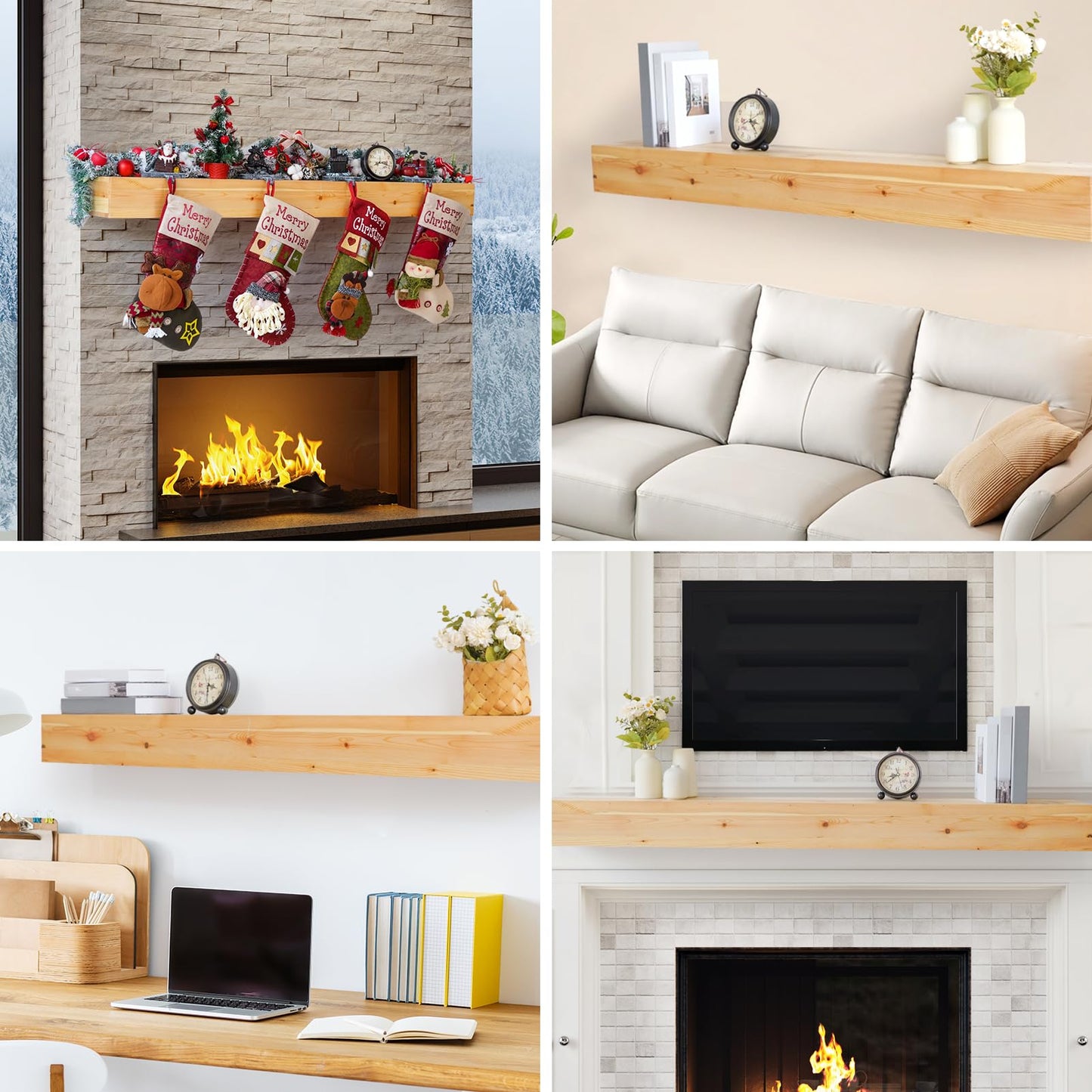 TECANA Fireplace Mantel 72 Inches - Rustic Floating Mantel Shelf - Solid Wood Mantel with Invisible Support Bracket - Wall Mantel Shelf for Farmhouse (72" L x 8" D x 5" H, Natural)