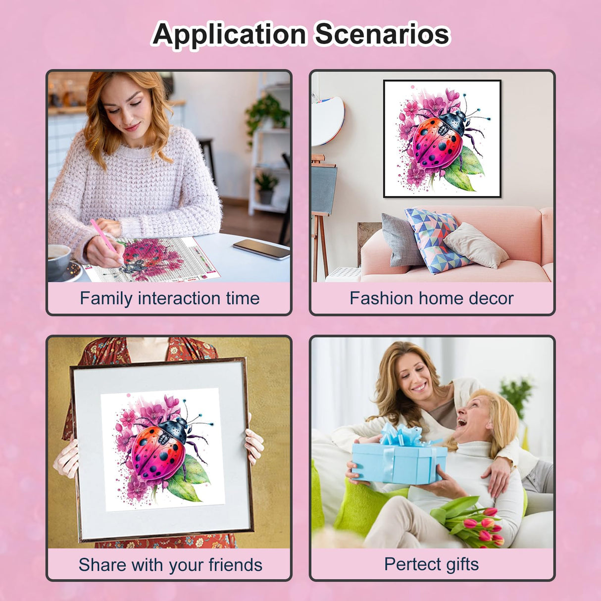 PFFNGPEN Diamond Painting Kits for Adults, 5D DIY Ladybug Diamond Art Kits for Beginners, Full Drill Round Diamond Art for Home Wall Decor, Flower, 12x12 inch PFFNGPEN