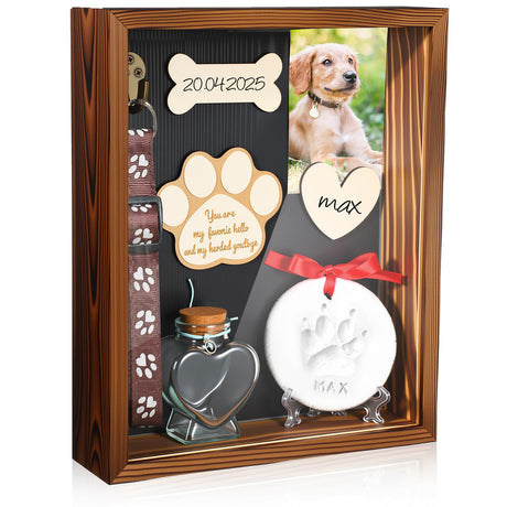 Chunful Pet Memorial Gift Dog Shadow Box Picture Frame with Clay Pet Paw Heart Glass Bottle Wooden Decorations Kit Keepsake Gift for Loss of Dog Death Sympathy Remembrance Display Case(Brown) Chunful