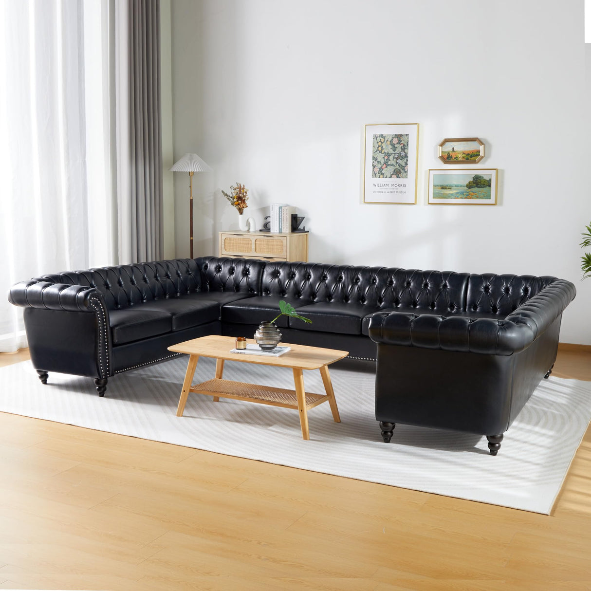 U Shaped Large Sectional Sofa, Chesterfield Leather Faux Couch Tufted Accent Sofa with Scroll Arms and Nailhead for Living Room, Office ORRD