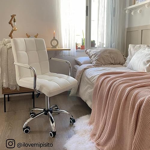 Yaheetech White Desk Chairs with Wheels/Armrests Modern PU Leather Office Chair Midback Adjustable Home Computer Executive Chair 360° Swivel Yaheetech