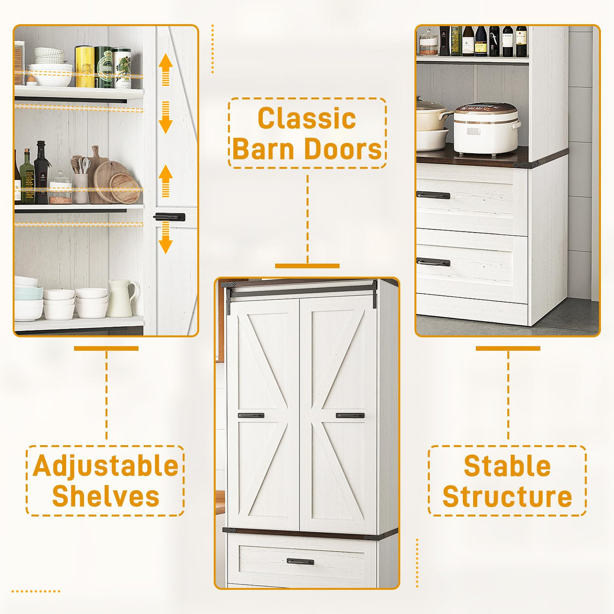 Hlivelood 72" Tall Storage Cabinet with Barn Doors & 2 Drawer, Pantry Cabinet with Adjustable Shelves, Rustic Wood Cupboard for Kitchen, Dining Room, Living Room, White Hlivelood