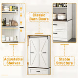 Hlivelood 72" Tall Storage Cabinet with Barn Doors & 2 Drawer, Pantry Cabinet with Adjustable Shelves, Rustic Wood Cupboard for Kitchen, Dining Room, Living Room, White Hlivelood